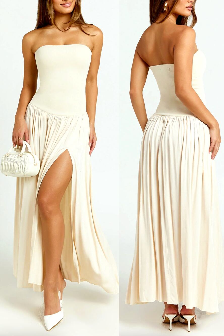 Showpo Strapless Maxi Dress Size 8 Cream Tan Beige Pleated Vacation Summer